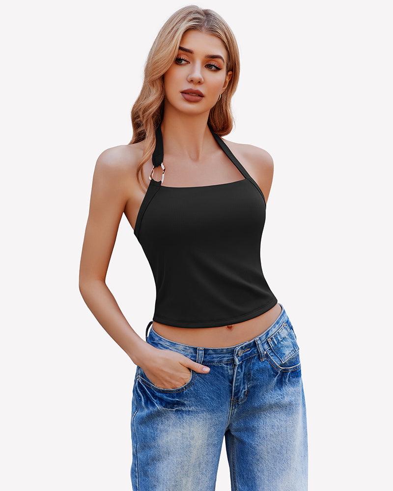 Black ribbed halter crop top with metal ring detail, perfect for going out, paired with jeans