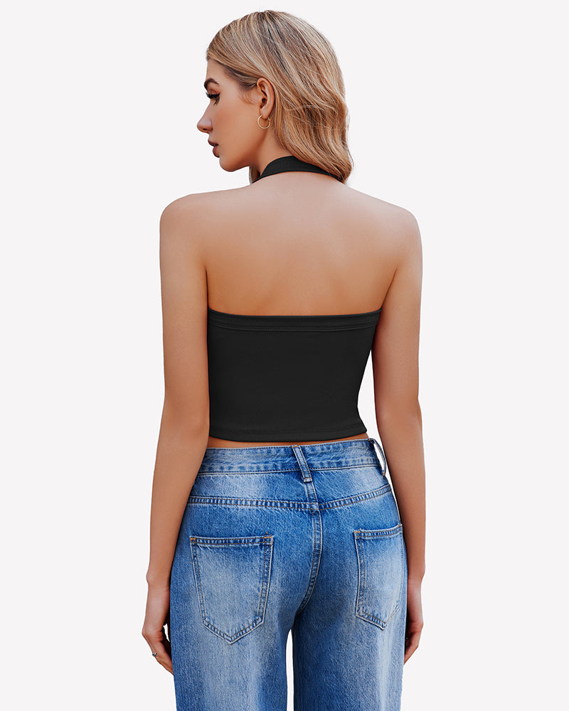Black double-lined backless ribbed crop top, perfect for going out, paired with jeans