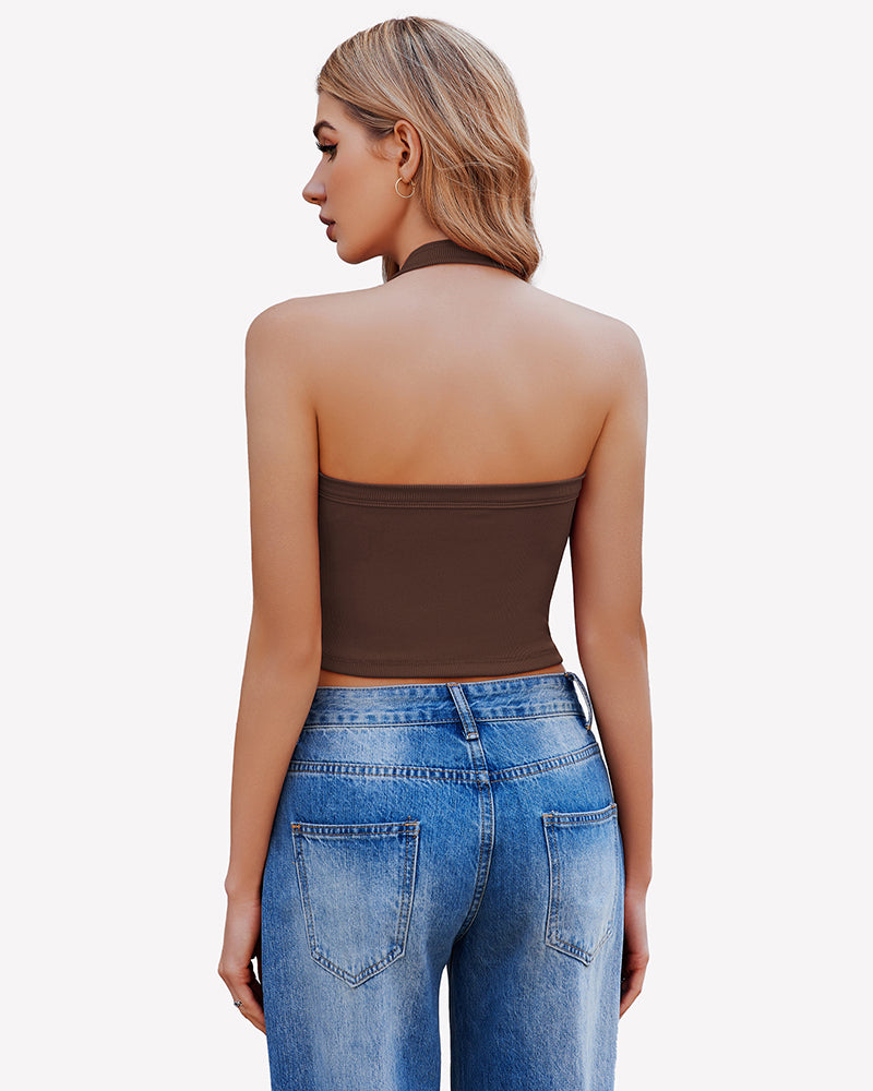 Brown double-lined backless ribbed crop top, perfect for going out, paired with jeans