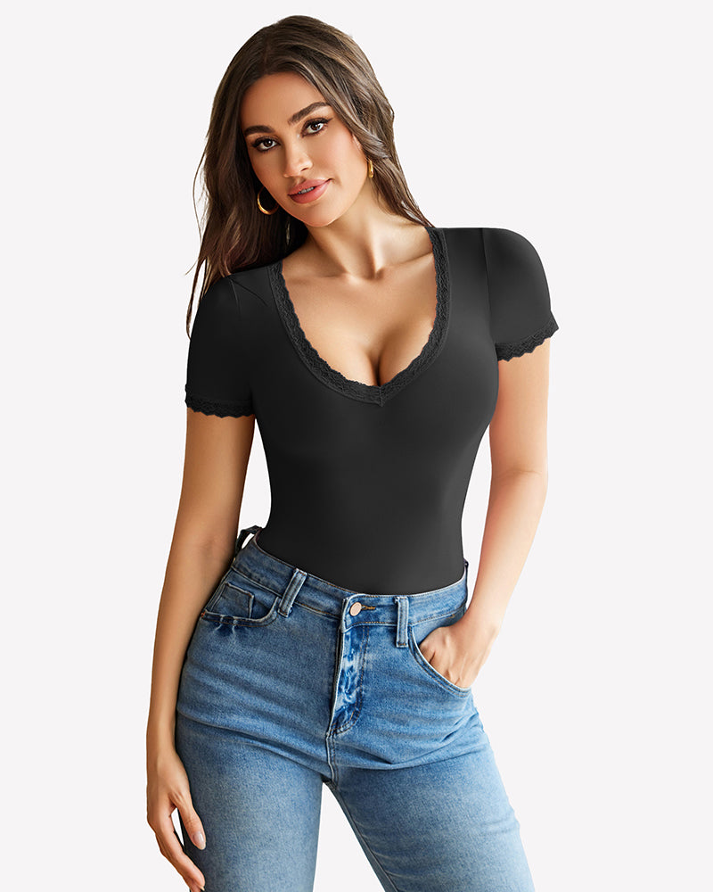 Black V-neck bodysuit with lace trim, offering light smoothing and a flattering fit.
