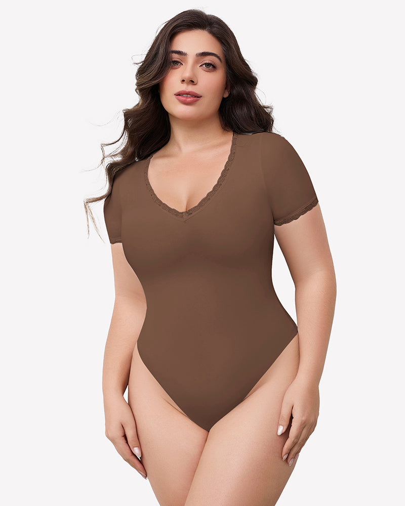 Brown lace trim V-neck bodysuit, light smoothing effect, flattering fit