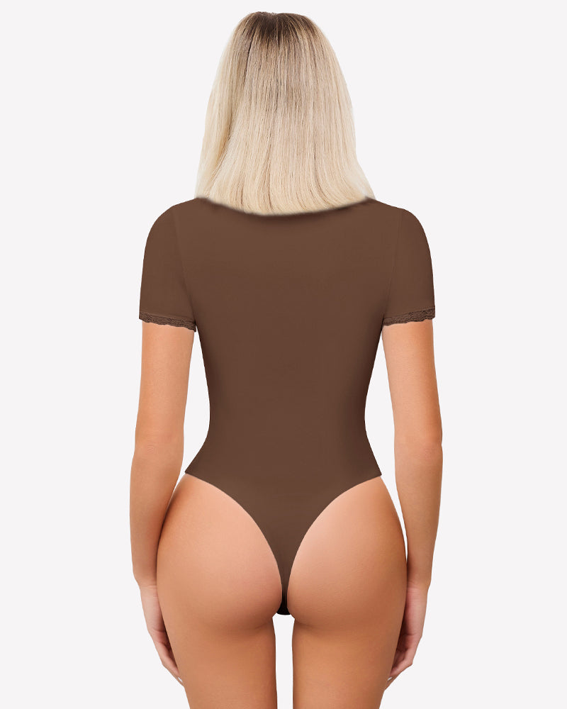 Brown short sleeve bodysuit with lace trim, offering light smoothing and a flattering fit.