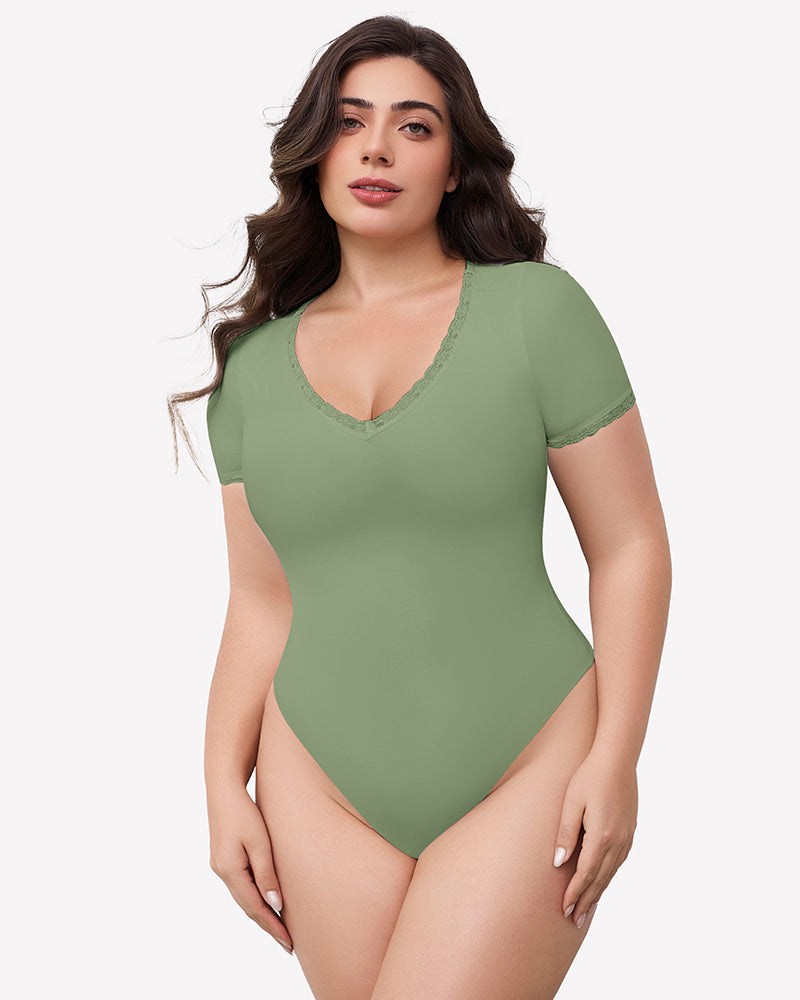 Sage green lace trim V-neck bodysuit, short sleeve, light smoothing, flattering fit