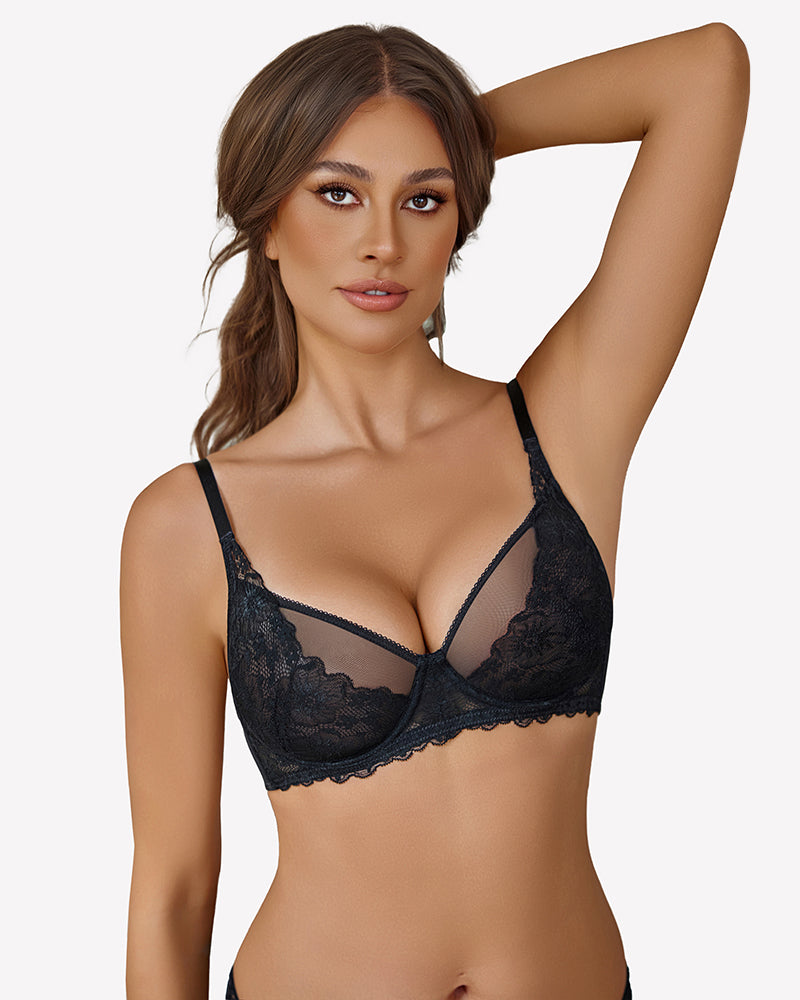 Black unlined mesh bra with lace detailing, full coverage for women