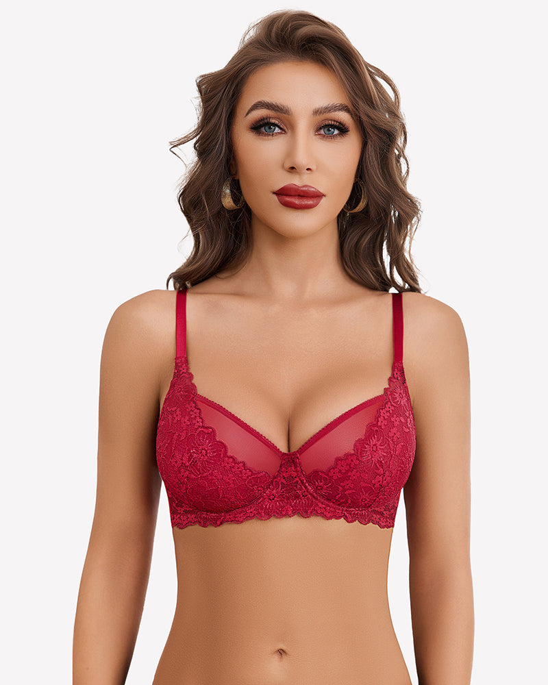 Red unlined mesh full coverage bra with lace detailing, comfortable and sexy lingerie for women