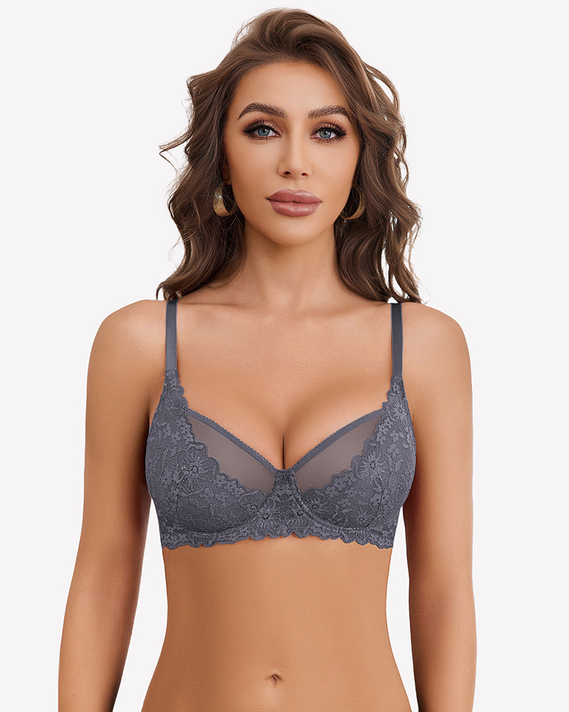 Gray unlined mesh full coverage bra with lace detailing, comfortable and sexy lingerie