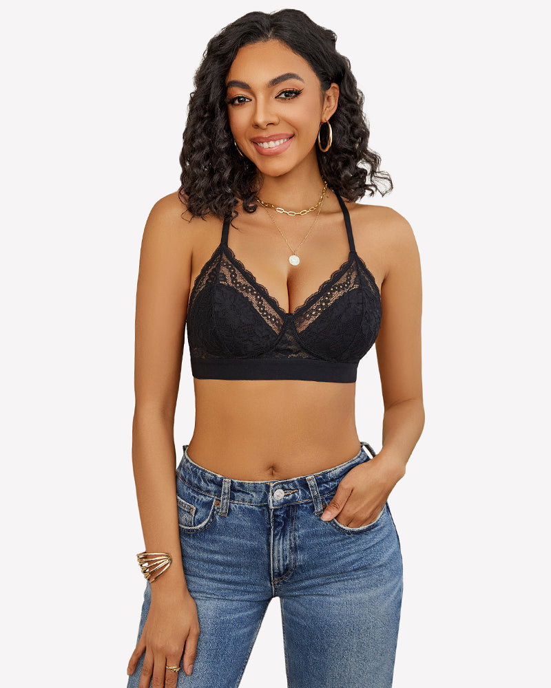 Black lace racerback wireless unlined bralette bra, comfortable and sexy, perfect for summer