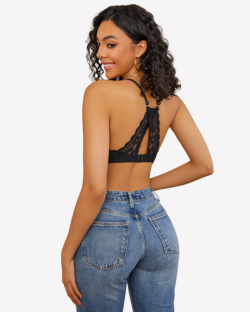 Black lace racerback wireless bralette bra, comfortable and sexy, perfect for summer