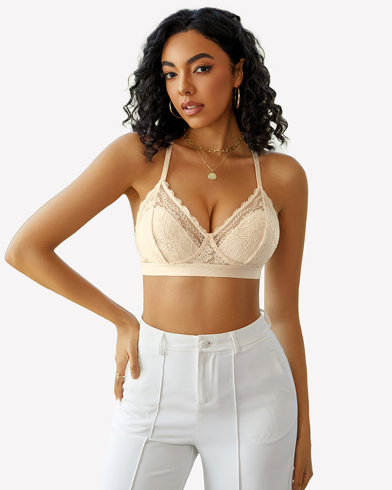 Beige lace racerback wireless bralette bra, comfortable and sexy, perfect for summer