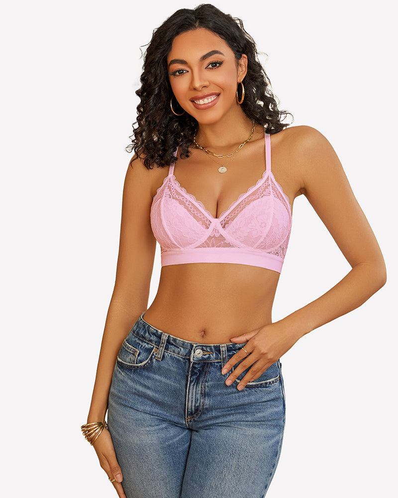 Pink lace racerback wireless unlined bralette bra on a woman, comfortable and sexy lingerie