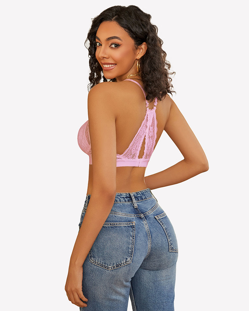 Pink lace racerback wireless unlined bralette bra, comfortable and sexy lingerie
