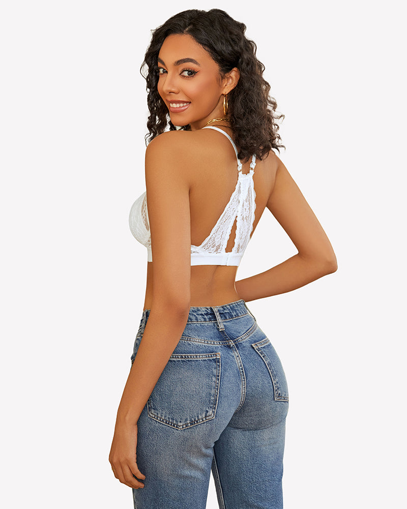 White lace racerback bralette, wireless and unlined, sexy lingerie
