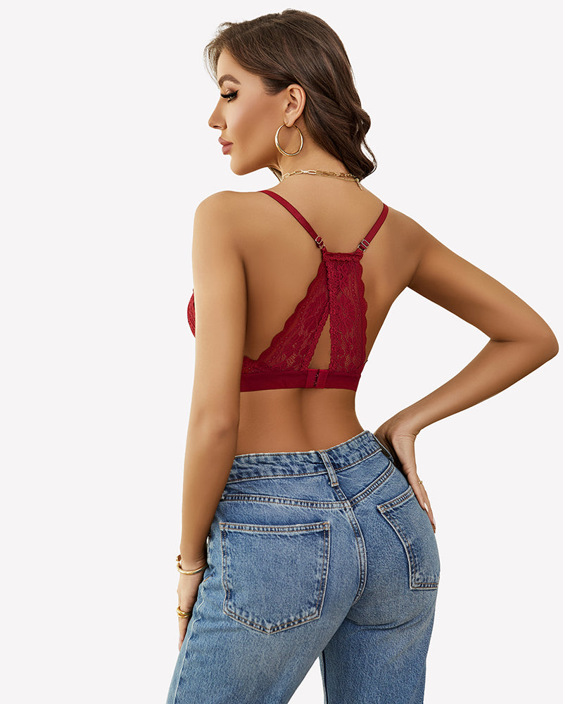 Women's burgundy lace racerback bralette, wireless and unlined, sexy lingerie