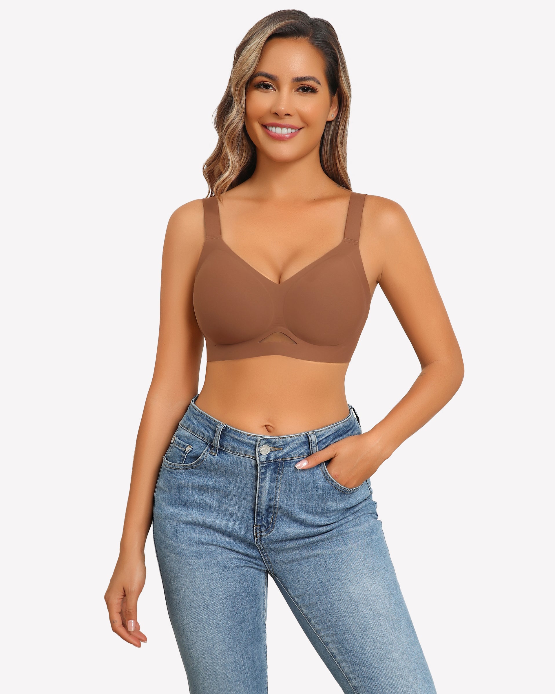Brown wireless push-up bra, seamless design, perfect for everyday wear, Avidlove