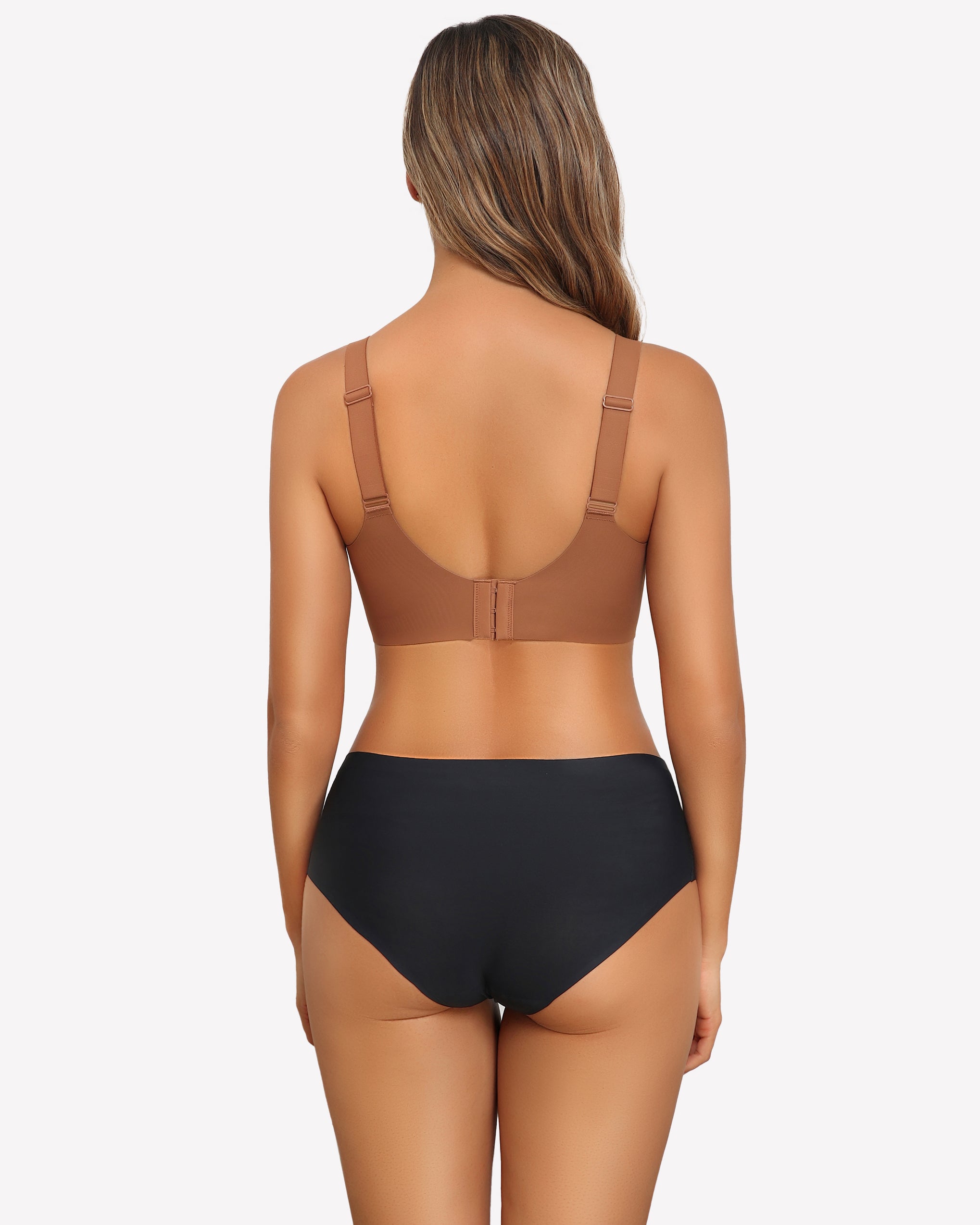 Brown wireless push-up bra and black seamless underwear set, perfect for everyday wear, Avidlove