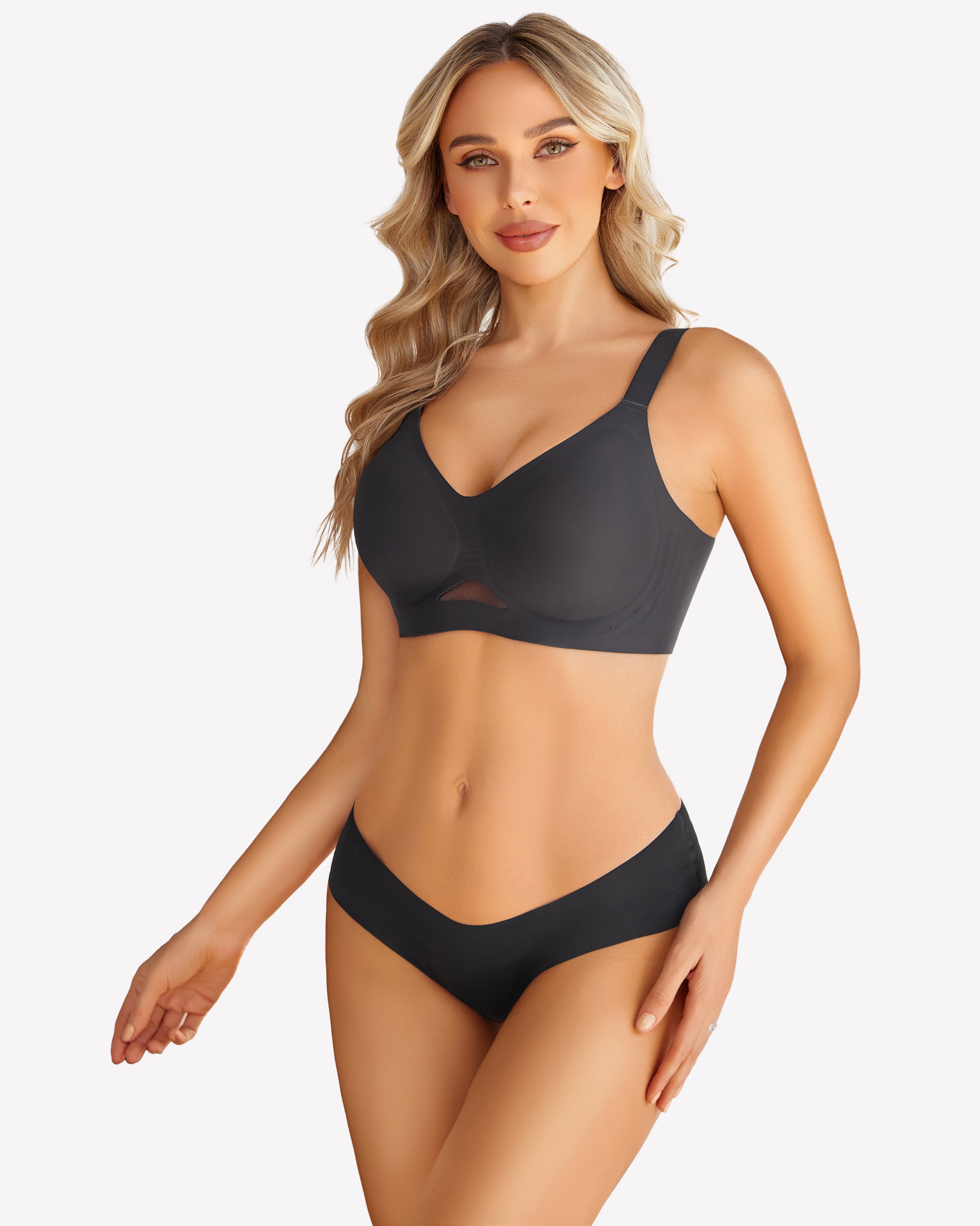 Black wireless push-up bra and underwear set, seamless design, perfect for everyday wear, Avidlove