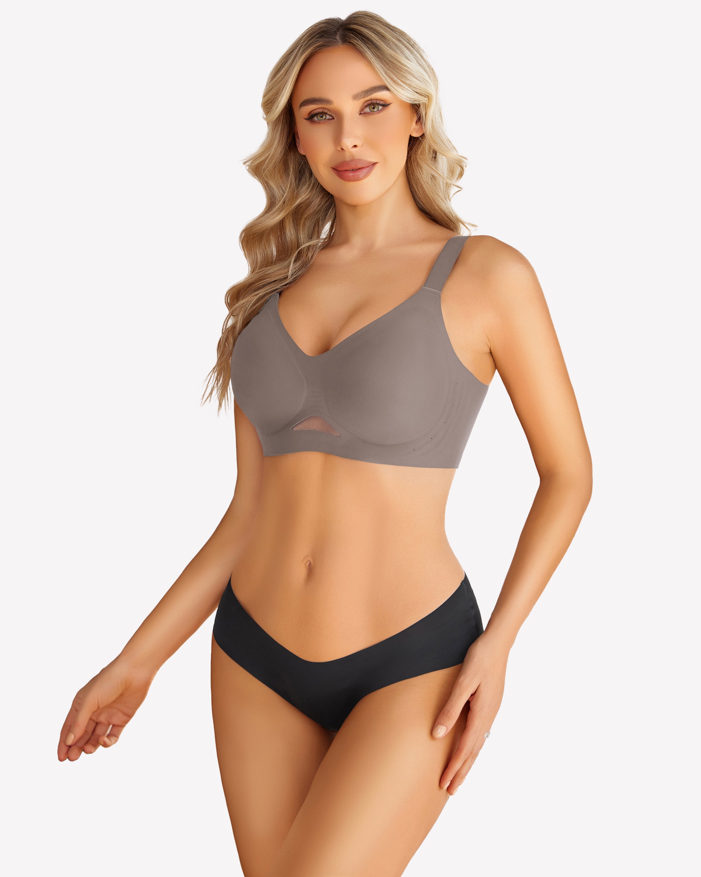 Taupe wireless push-up bra and black seamless underwear set, Avidlove, perfect for everyday wear