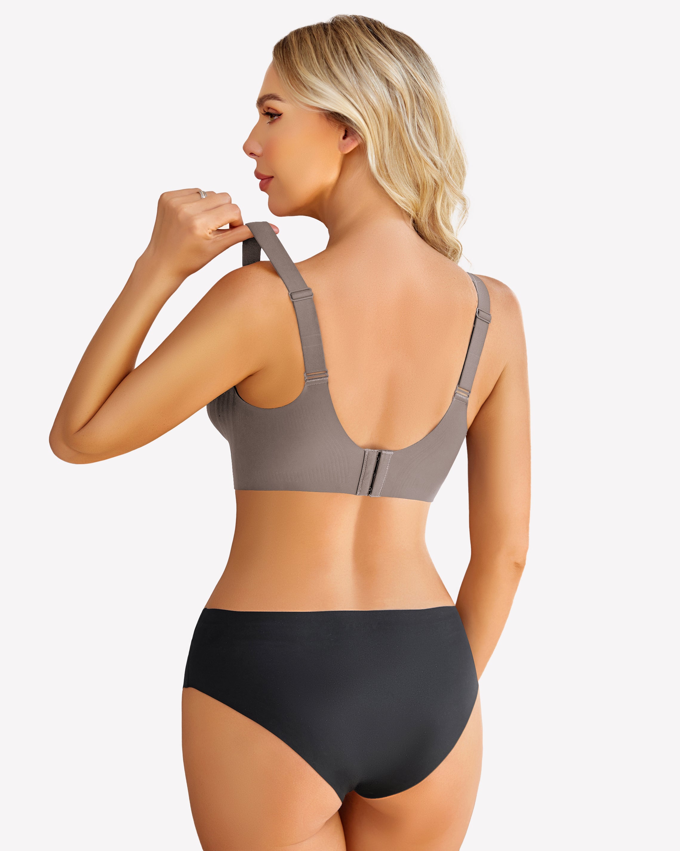 Taupe wireless push-up bra and black seamless underwear set, perfect for everyday wear