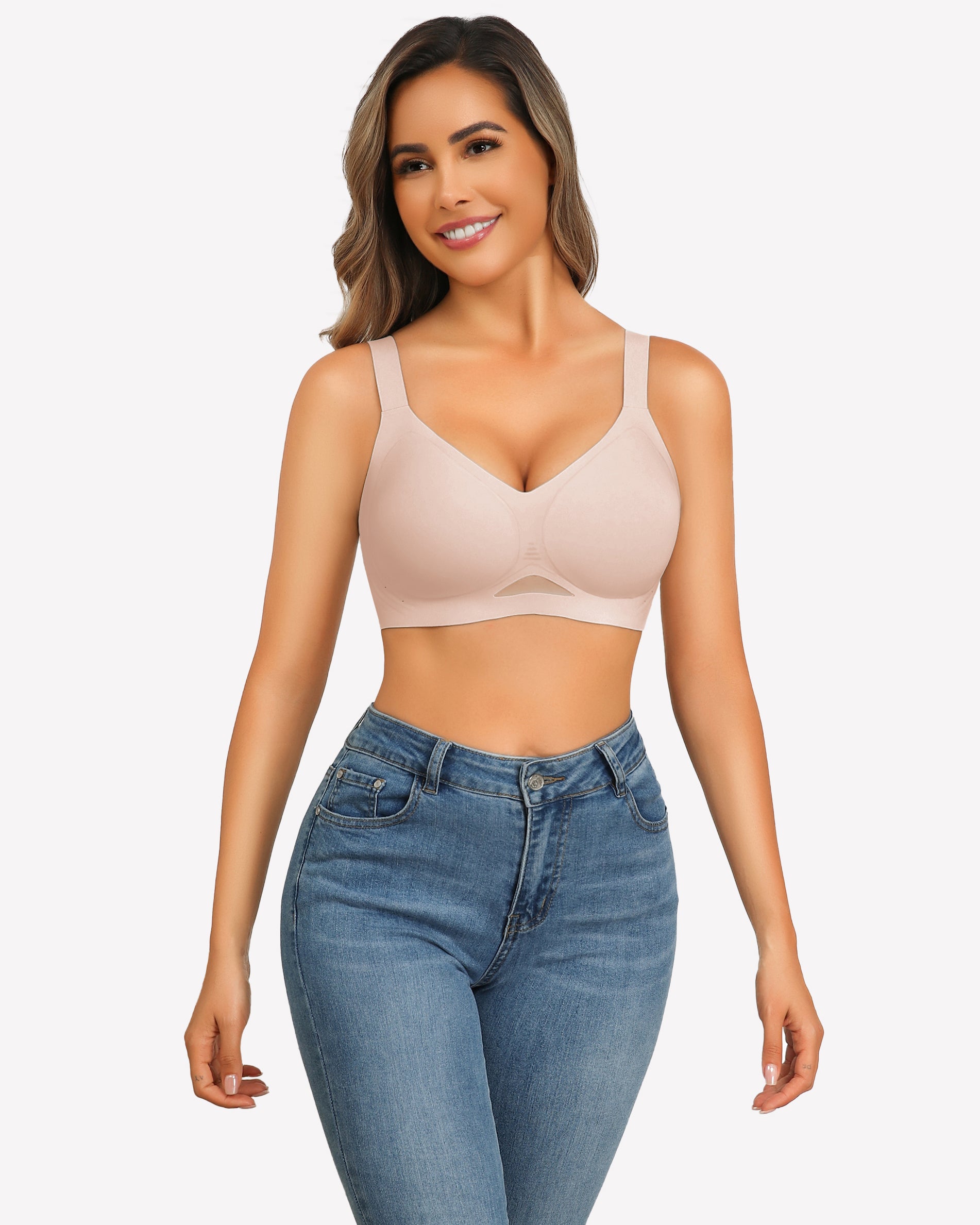 Seamless wireless push-up bra in beige, breathable mesh, perfect for everyday wear, Avidlove