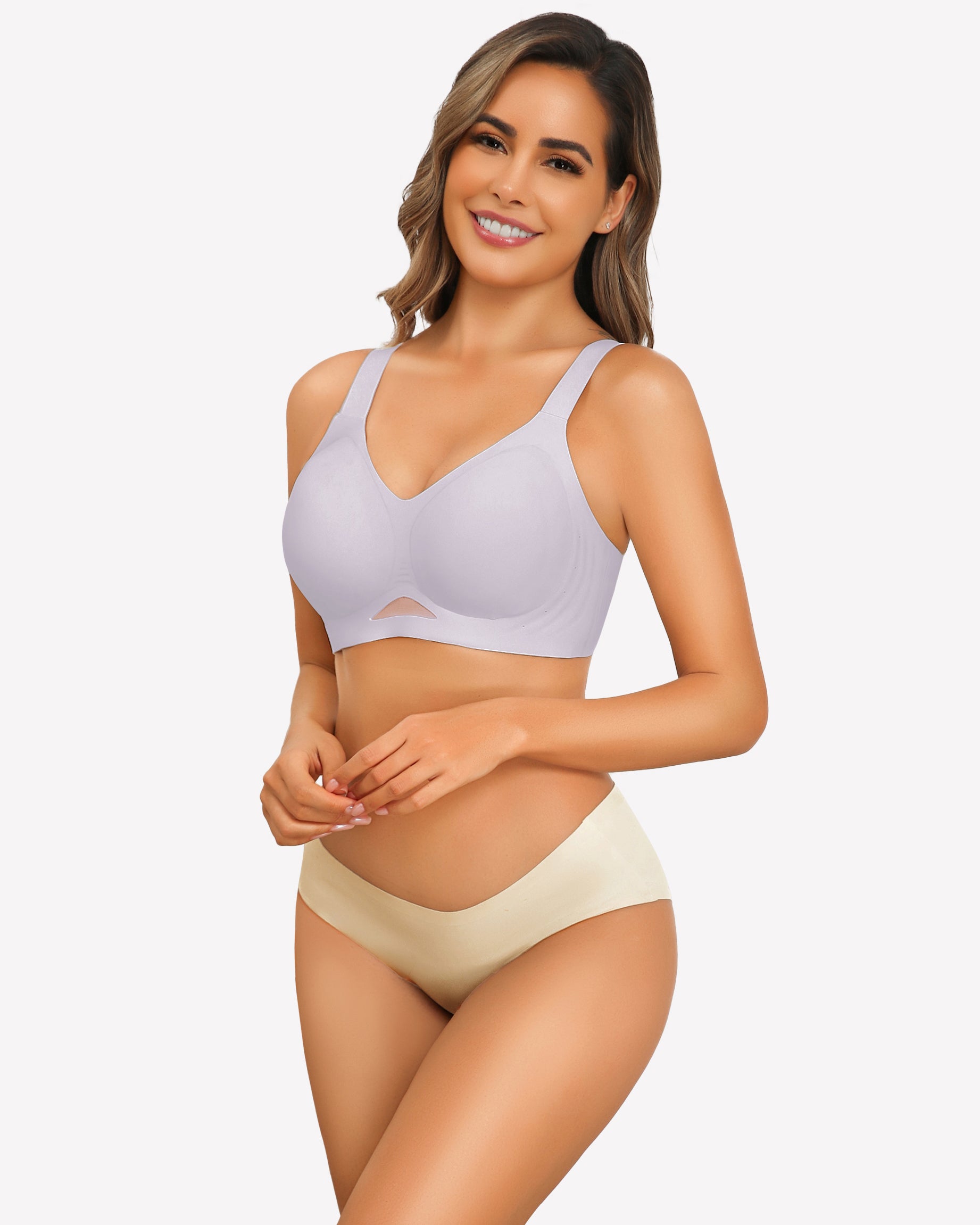 Seamless wireless push-up bra and underwear set in lavender and beige, perfect for everyday wear