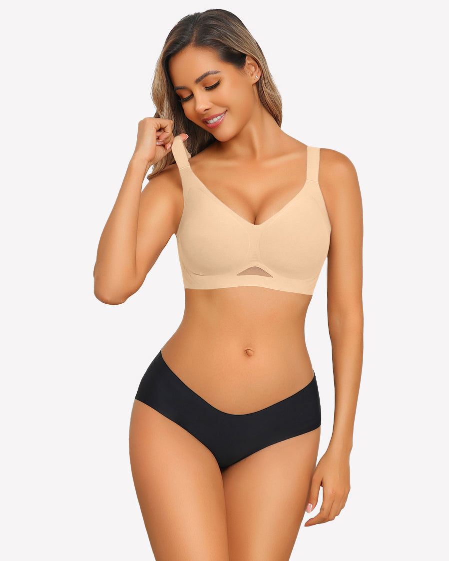 Beige wireless push-up bra and black seamless underwear set, breathable mesh, Avidlove