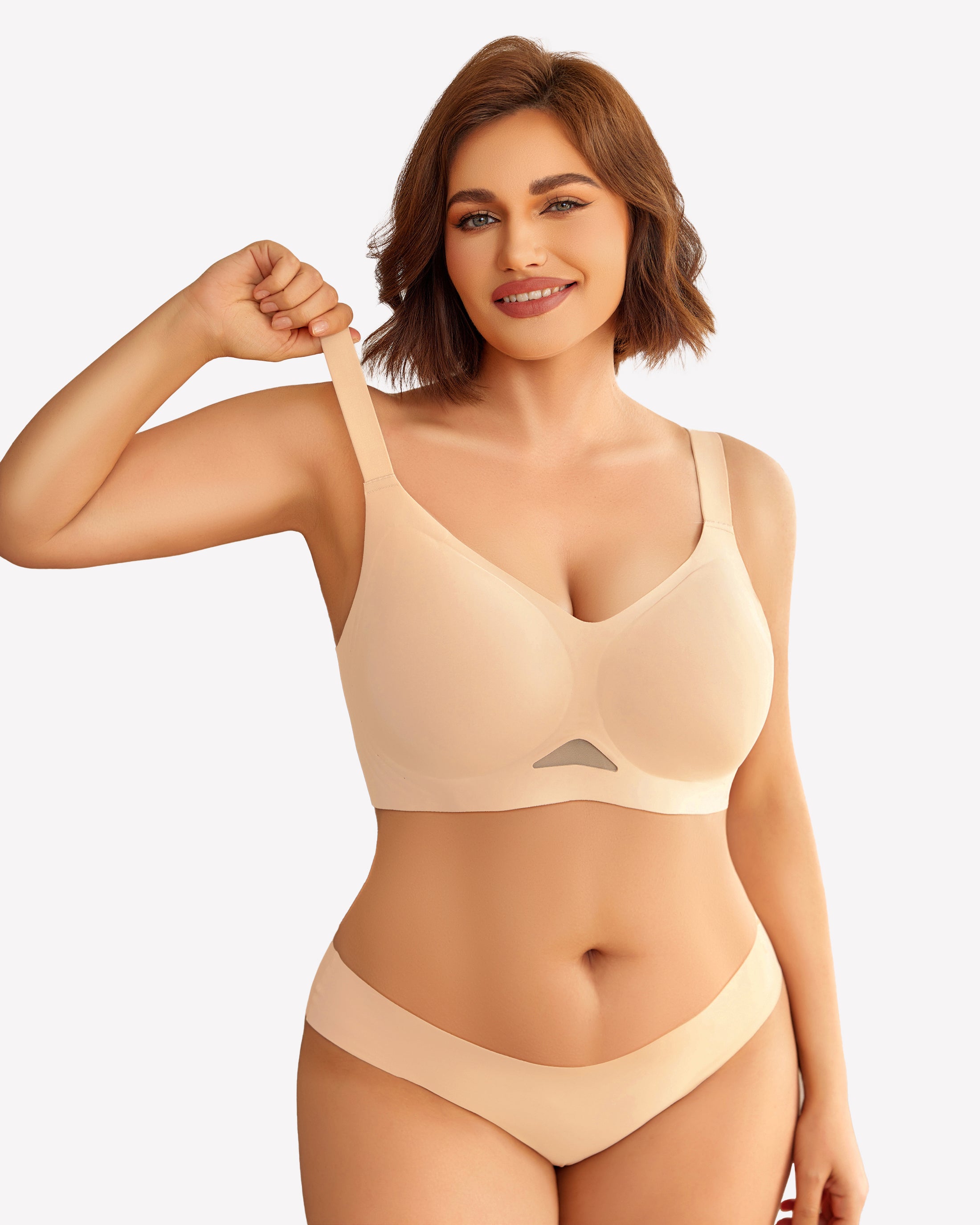 Beige seamless wireless push-up bra and underwear set, breathable mesh, perfect for everyday wear