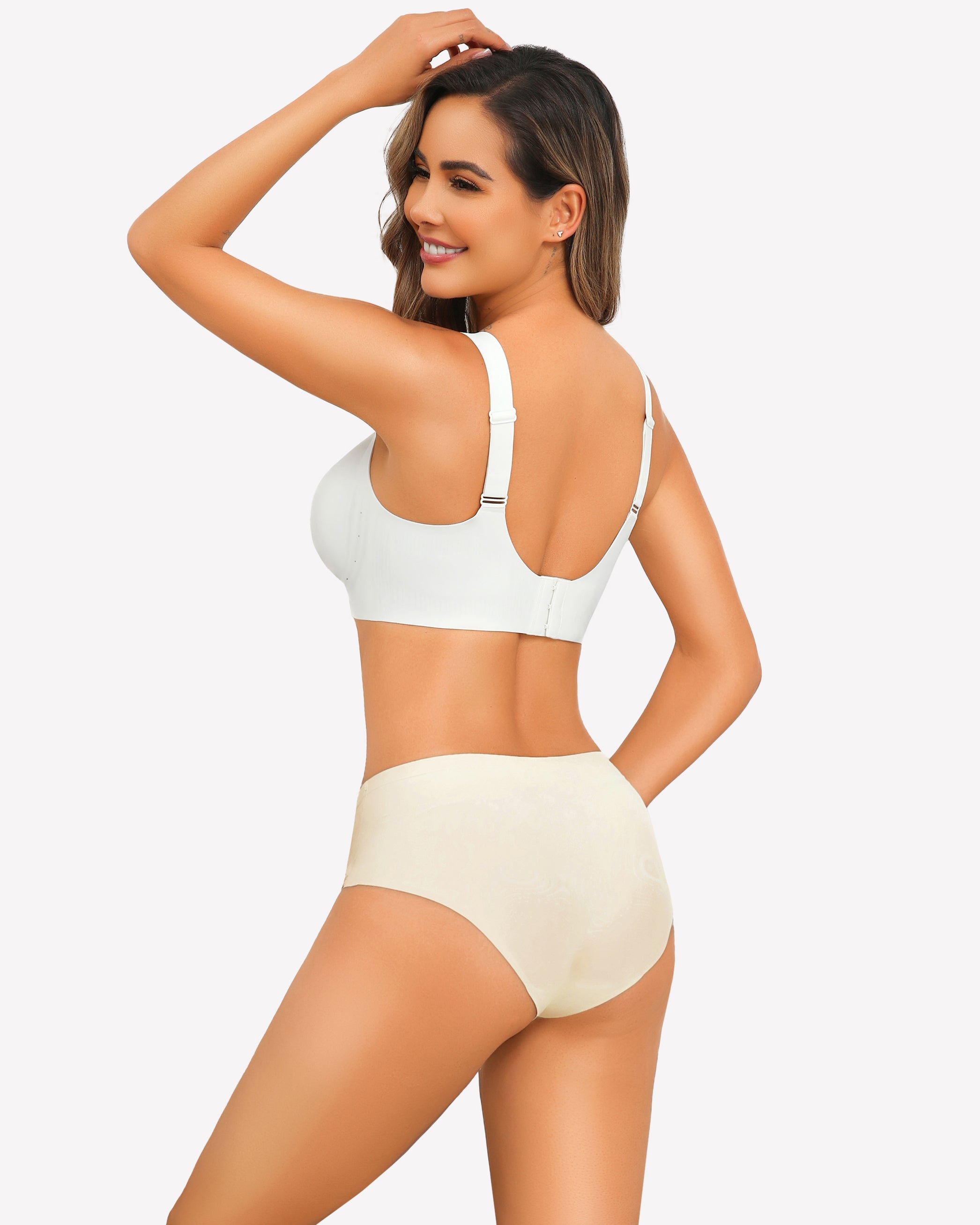 White wireless push-up bra and beige seamless underwear set, perfect for everyday wear, Avidlove