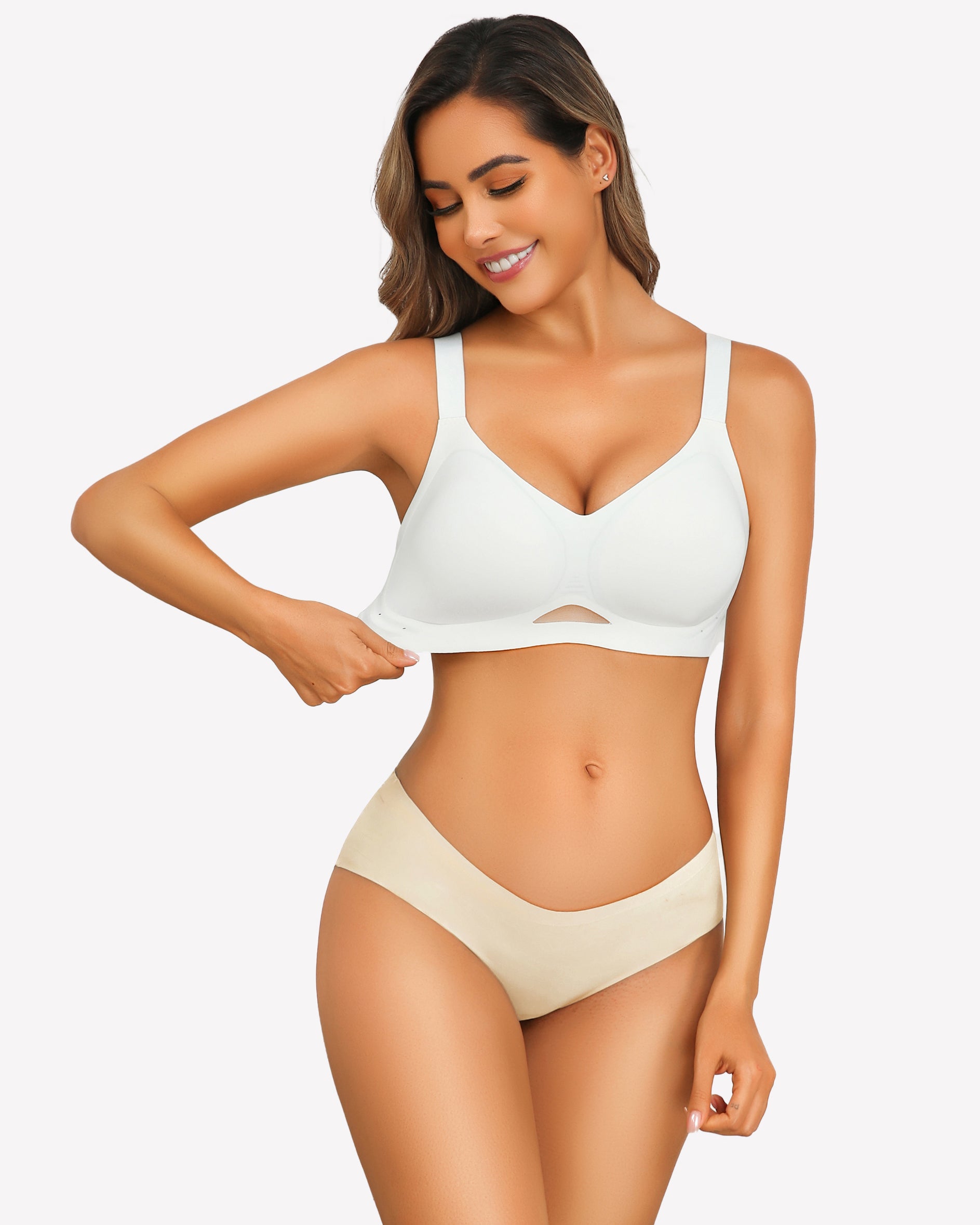 White wireless push-up bra, beige underwear set, breathable mesh, perfect for everyday wear.