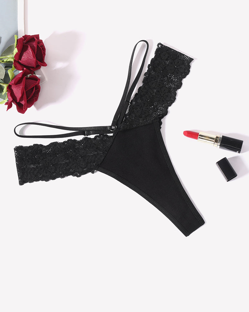 Avidlove black lace thong with V-shape waistband. Sexy and comfortable lace panties for women.