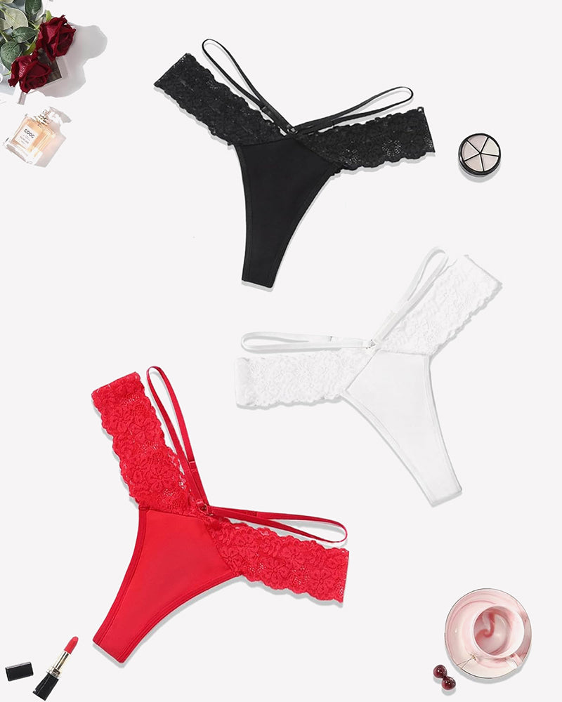 Avidlove lace thongs in black, white, and red. V-shape waist, delicate lace. Sexy panties.