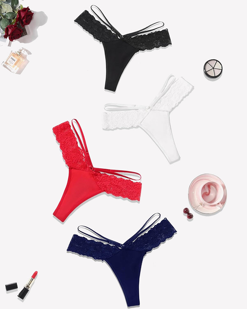 Avidlove Lace Thongs: Black, White, Red, Navy. V-shape waist, delicate lace.