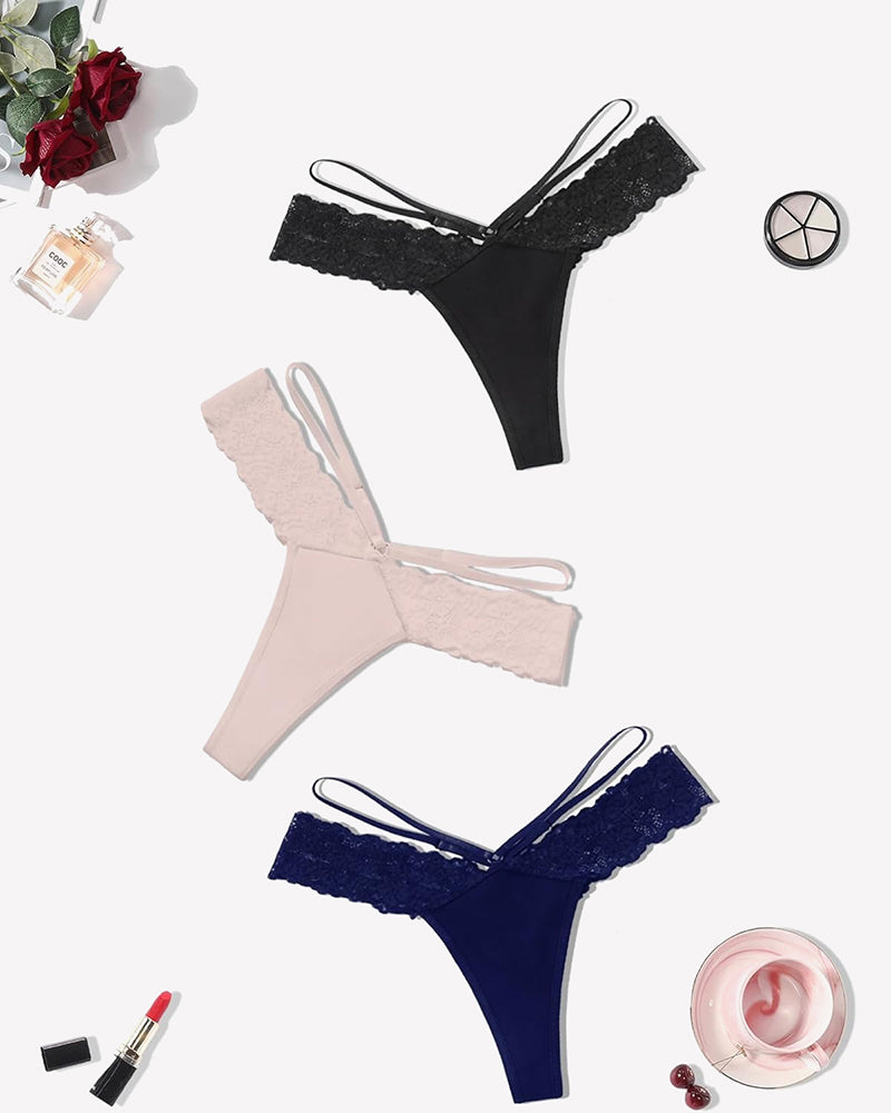 Avidlove lace thongs in black, blush, and navy. V-shape waist, delicate lace. Sexy panties.