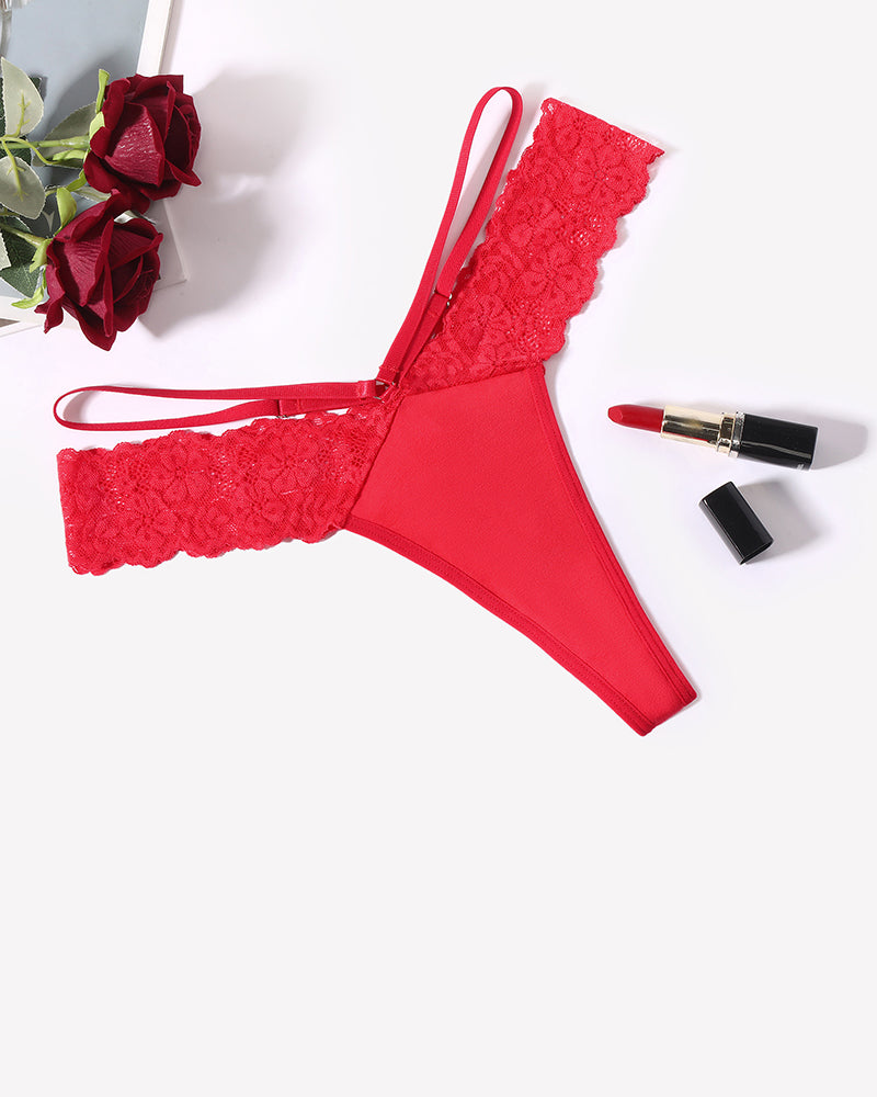 Avidlove red lace thong with V-shape waistband. Sexy and comfortable lace panties for women.