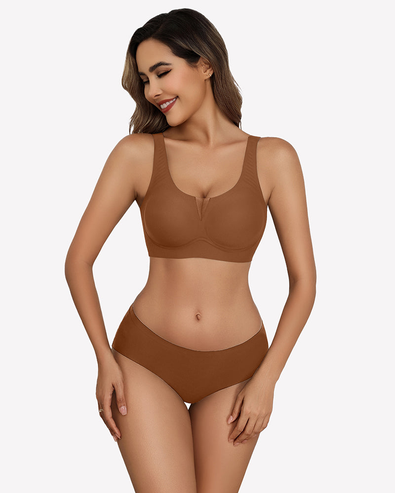 Brown seamless deep V comfort bra and underwear set, full coverage, wireless design.
