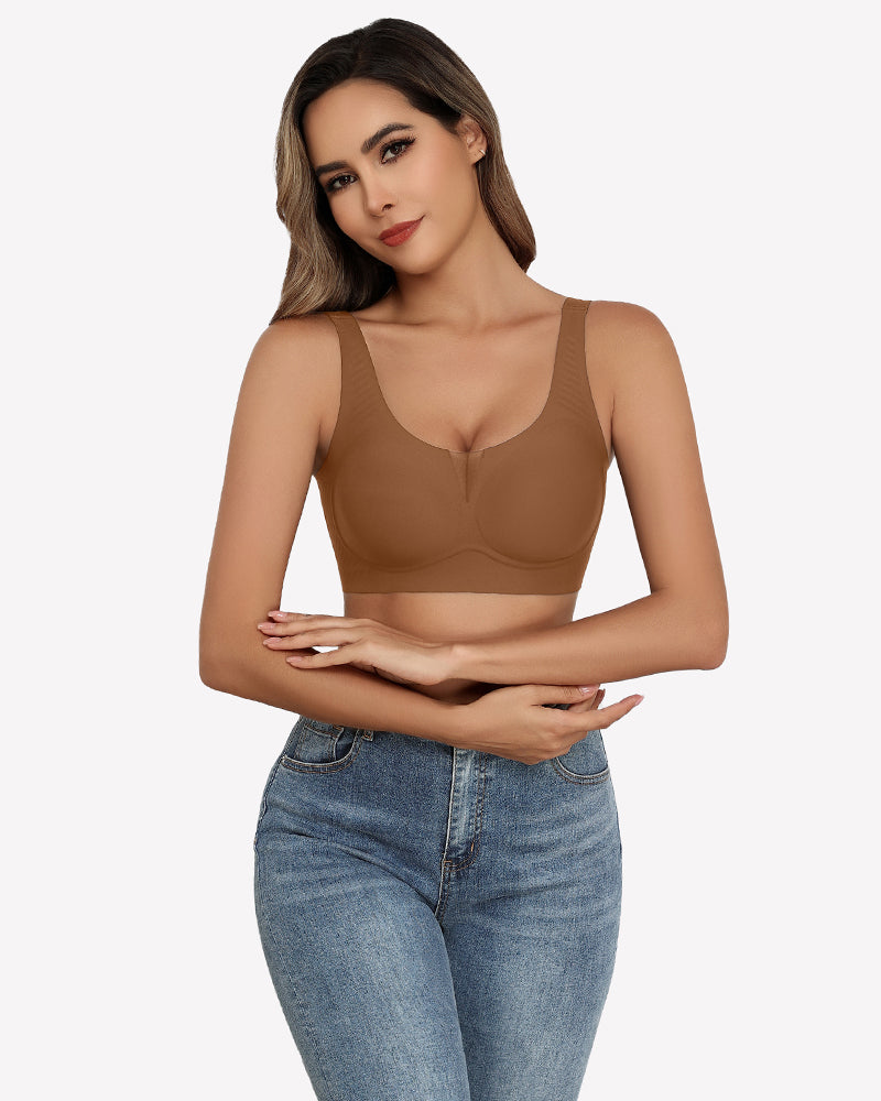 Brown seamless deep V comfort bra, full coverage and support, wireless design, worn by a model