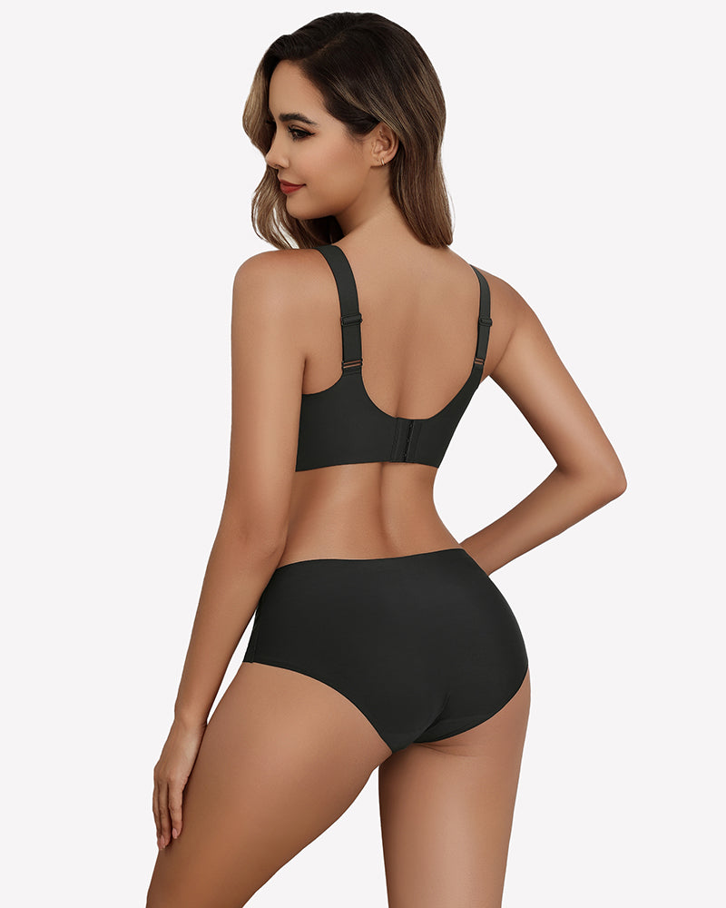 Black seamless deep V comfort bra and underwear set, full coverage, wireless design, model wearing