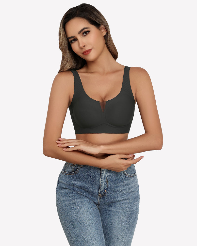 Dark gray seamless deep V comfort bra, mesh deep V design, full coverage and support