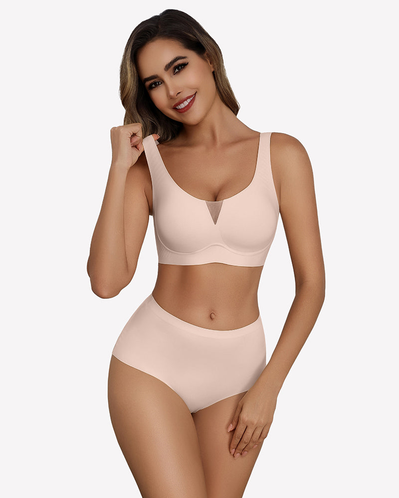 Beige seamless deep V comfort bra and underwear set, full coverage, wireless design, model wearing