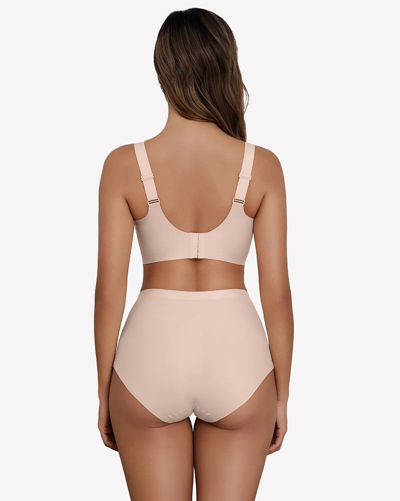 Beige seamless deep V comfort bra and underwear set, full coverage, wireless design