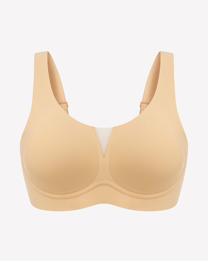 Beige seamless deep V comfort bra with mesh, full coverage and support, wireless design