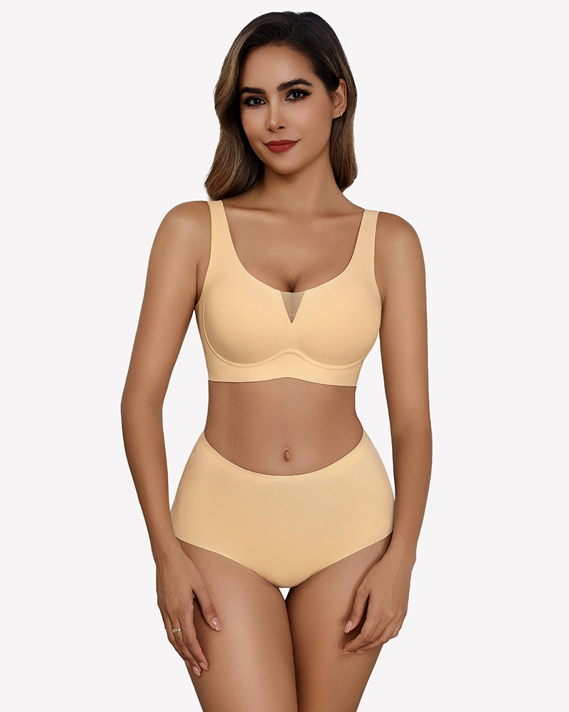 Beige seamless deep V comfort bra set, mesh deep V design, full coverage, wireless, model