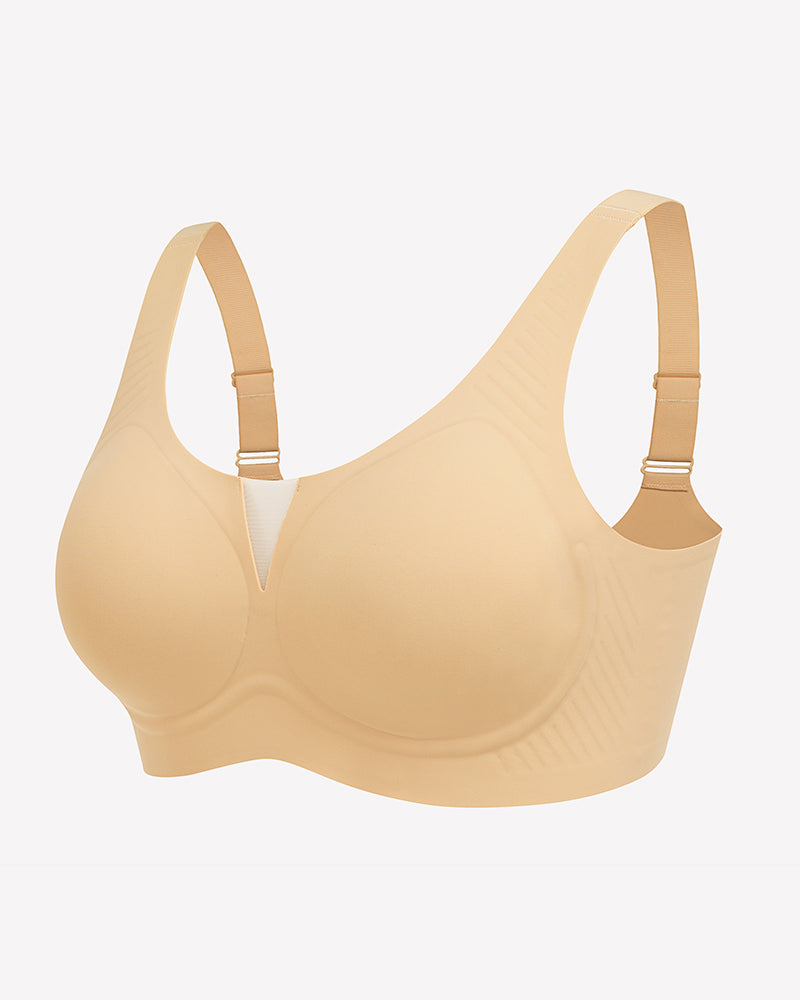 Seamless beige deep V comfort bra with mesh, offering full coverage and support, wireless