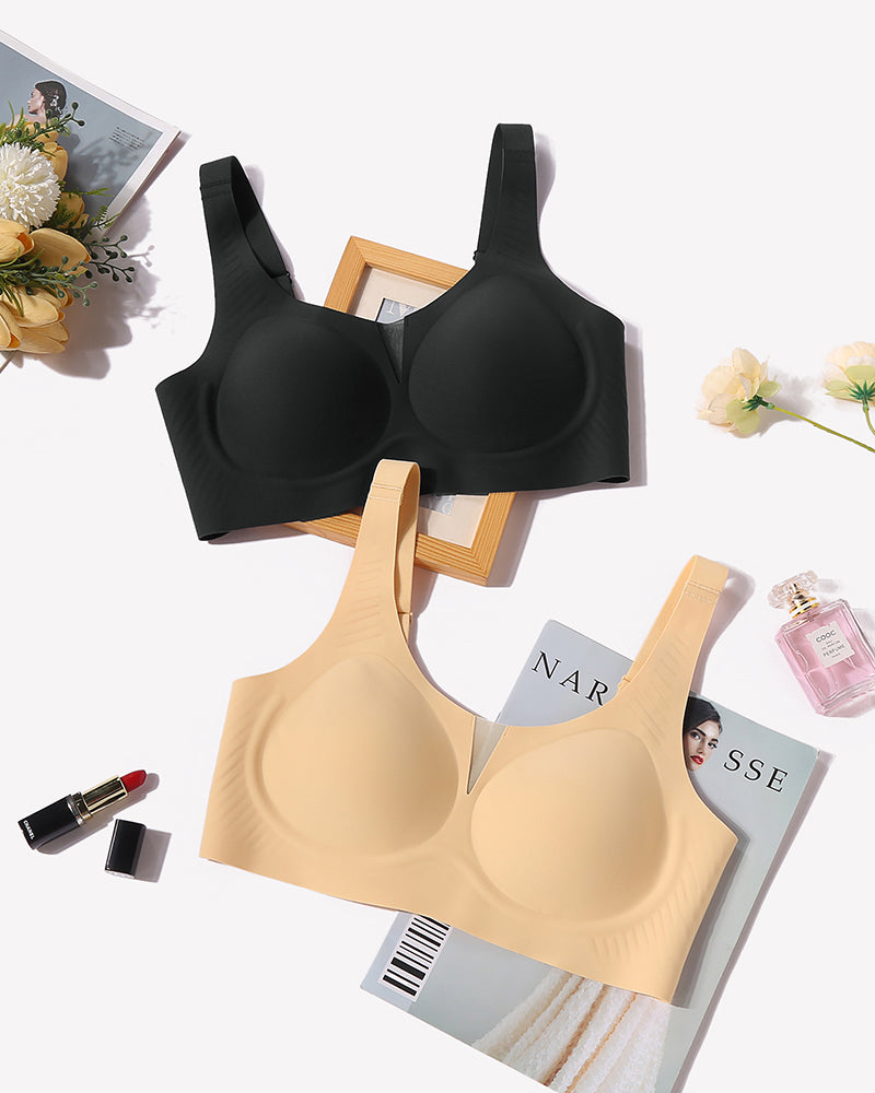 Seamless deep V comfort bras, black and beige, mesh deep V design, full coverage, wireless
