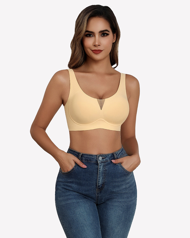 Yellow seamless deep V comfort bra with mesh, offering full coverage and support.