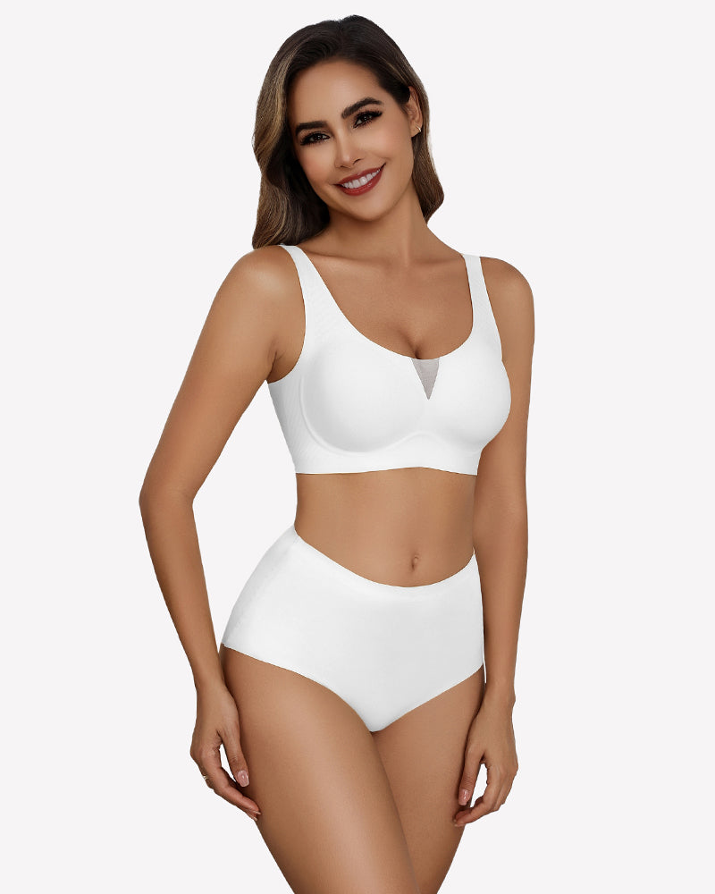 White seamless deep V comfort bra set, mesh deep V design, full coverage, wireless, model