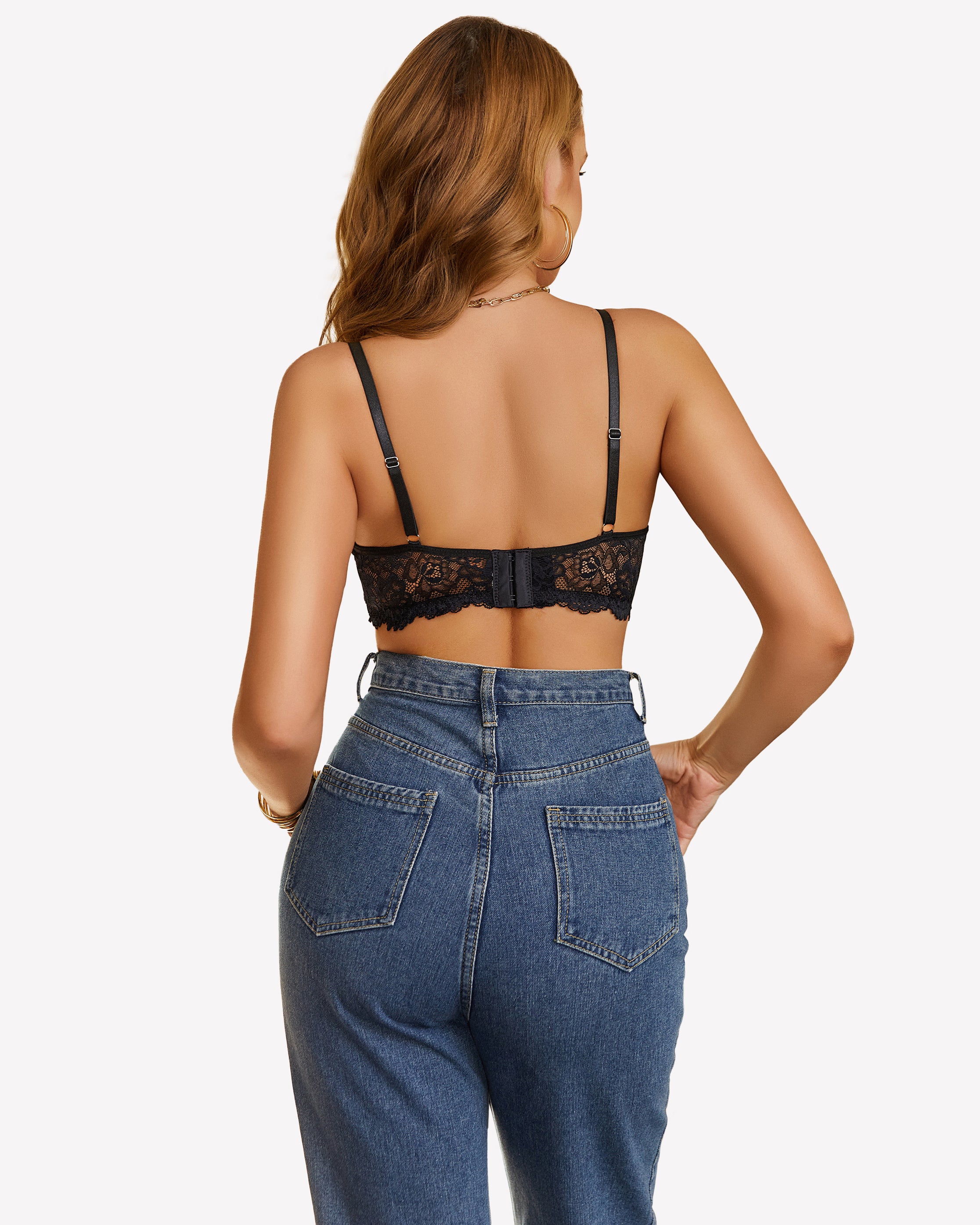 Lace bralette with adjustable straps and blue jeans. Sexy lingerie for women.