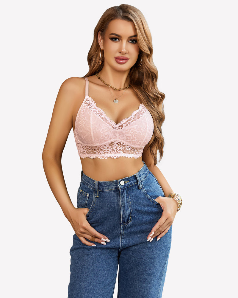 Pink lace wireless bralette camisole with V-neck scalloped trim and thin straps