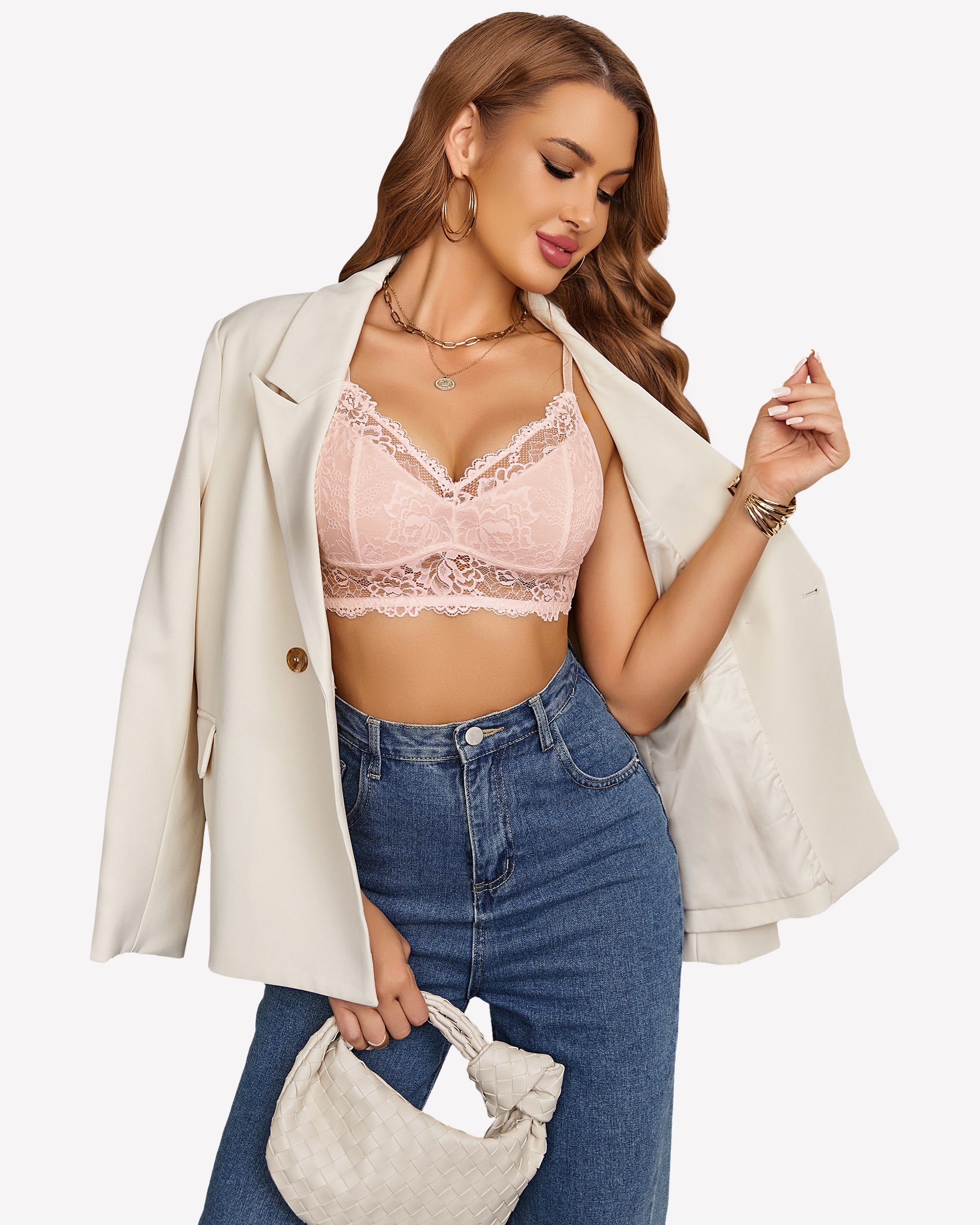 Pink lace camisole Y2K tank top with adjustable straps, blue jeans. Sexy lingerie for women.