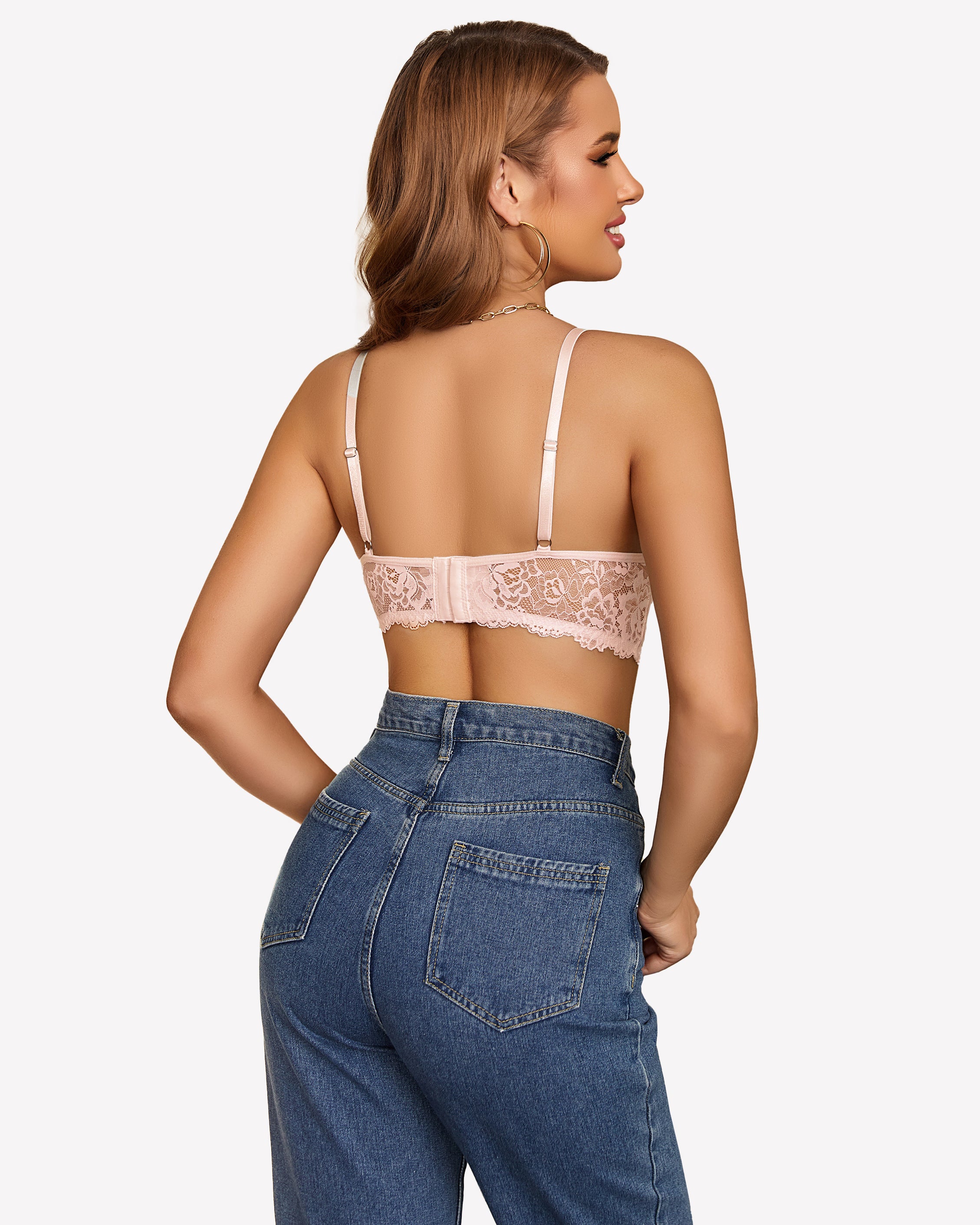 Lace camisole Y2K tank top with adjustable straps, paired with blue jeans. Sexy lingerie for women.