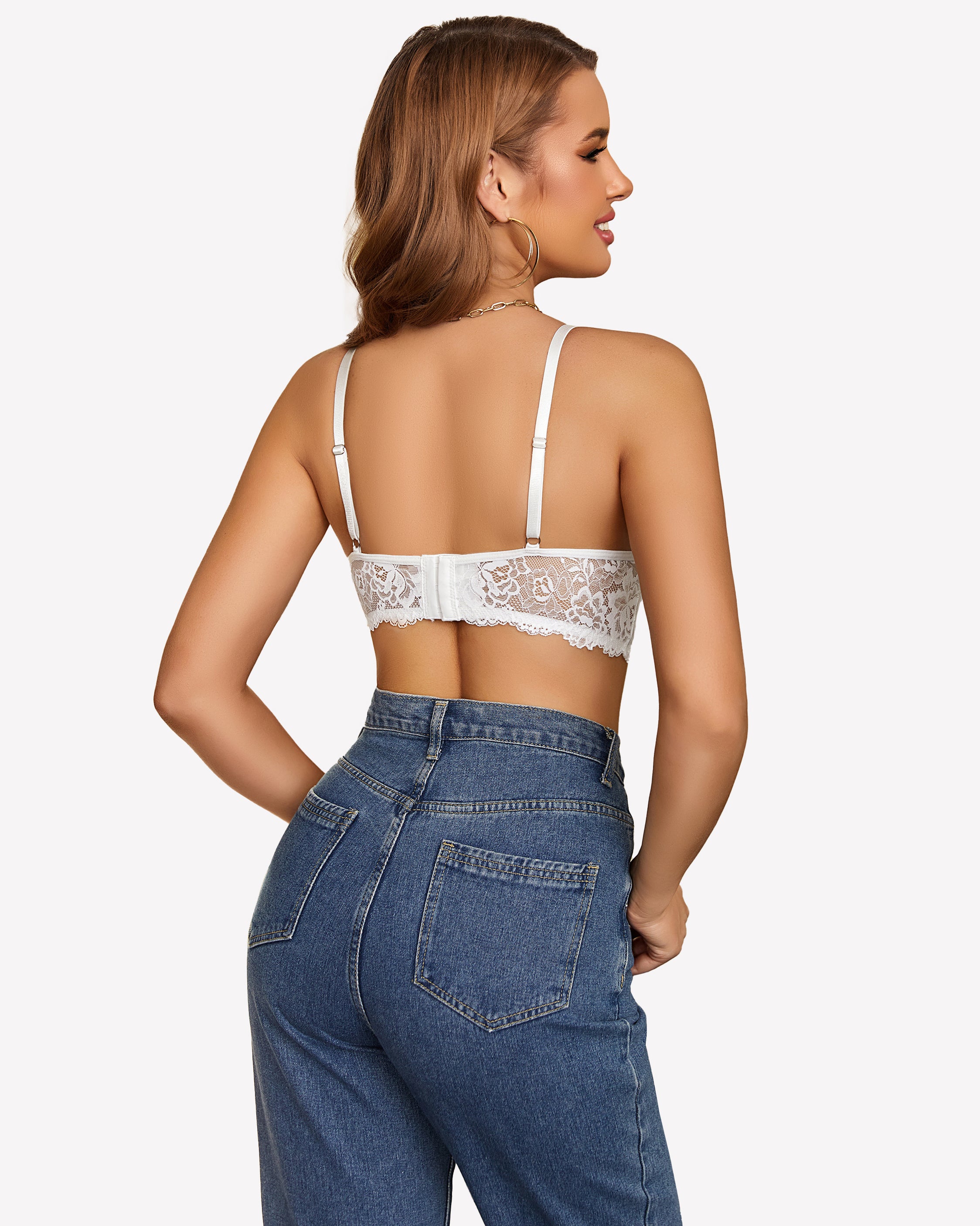 White lace camisole Y2K tank top and blue jeans. Sexy lingerie for women.